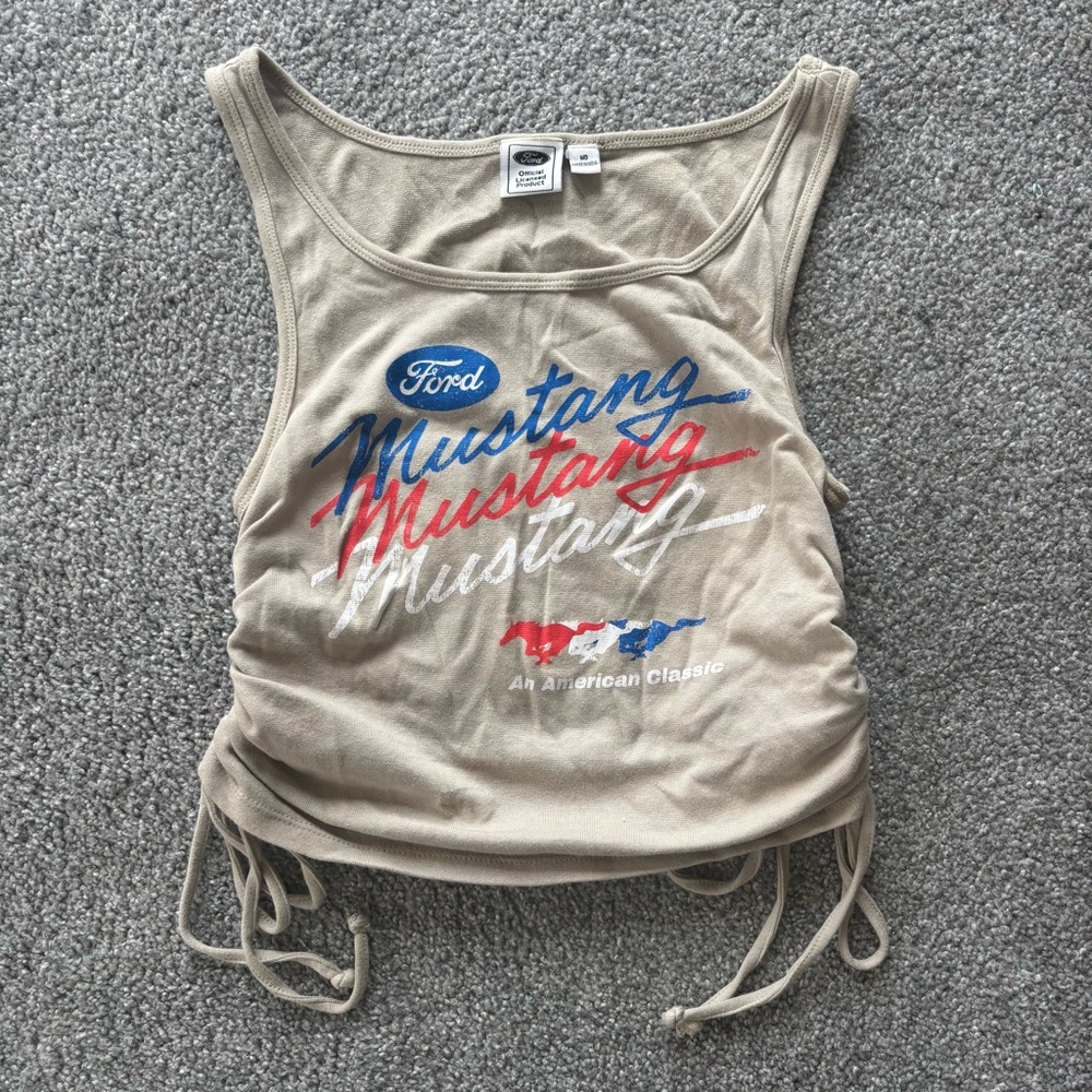 Ford Mustang Tan Tank Top with Tie Sides and Graphic